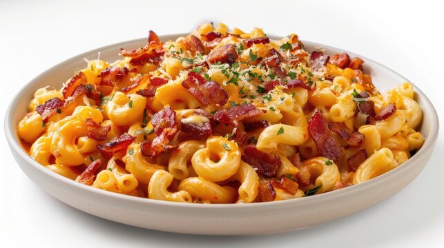 A beautifully crafted pasta dish, featuring gourmet mac and cheese, loaded with crispy bacon and a blend of creamy cheeses, beautifully presented on a white background