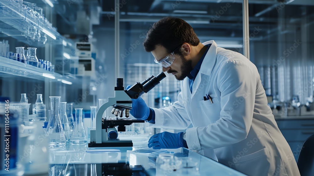 Poster a scientist in a lab coat looks through a microscope.