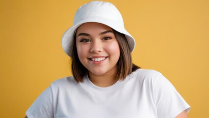 Plus size teenage girl with short hair wearing white t-shirt and white bucket hat isolated on yellow background