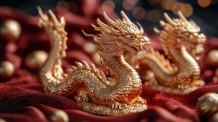 Fototapeta premium Intricate golden dragon sculptures on red fabric background