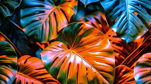 Vibrant tropical foliage, monstera with bright flowers - exotic pattern of jungle leaves.