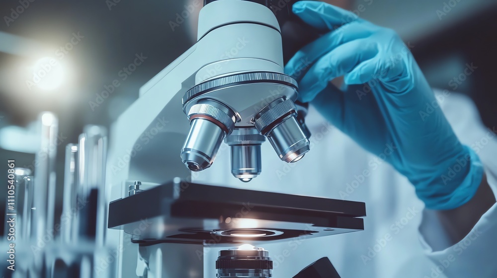 Poster a scientist in a lab coat uses a microscope during a research project.