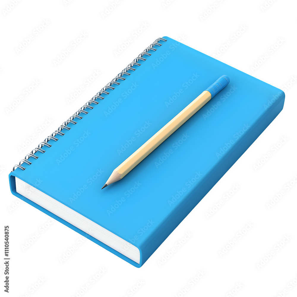Aufkleber diagonal placement of a sharpened short wooden pencil on a light blue spiral-bound notebook, isolate