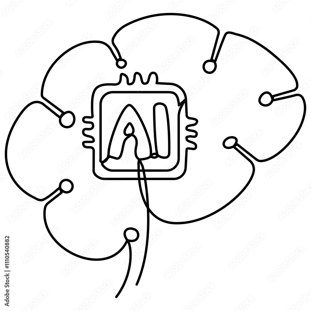 Poster robot brain artificial intelligence technology continuous line art drawing. vector illustration isol