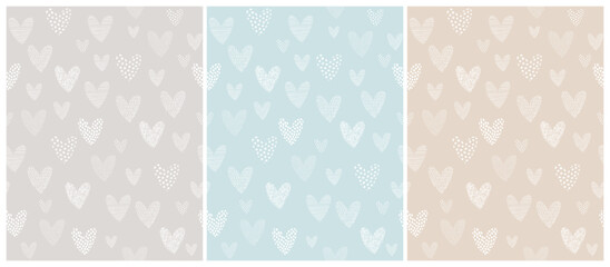 Cute Irregular Vector Pattern with  White Hand Drawn Hearts on a Light Gray, Beige and Pastel Blue Background. Funny Infantile Endless Print with Hearts. Childish Pattern with Doodle Hearts.