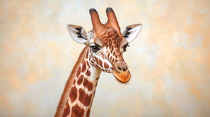 Obraz premium The illustration depicts a majestic giraffe with its long neck gracefully curved upwards, the intricate patterns of its coat beautifully detailed, and its gentle eyes gazing serenely at the viewer.