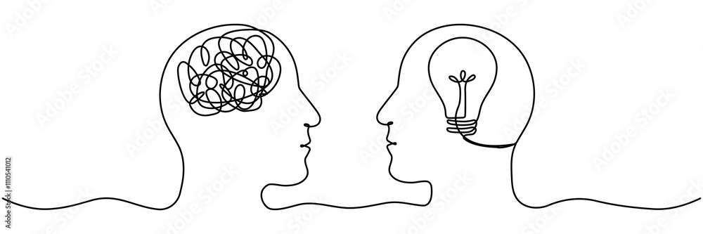 Poster human heads with light bulb and confused thoughts continuous line drawing. mental health linear conc