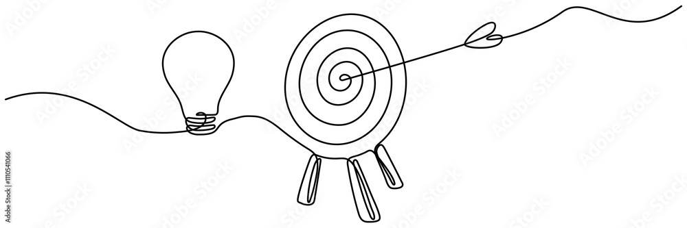 Poster lightbulb with target and arrow continuous one line drawing. startup idea concept. vector illustrati