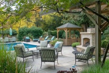 Relaxing backyard patio with pool, gazebo, and fireplace on a sunny autumn day