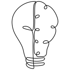 Half of light bulb and half of brain continuous line drawing. Insight and thinking symbol. Wisdom is power concept. Vector illustration isolated on white.
