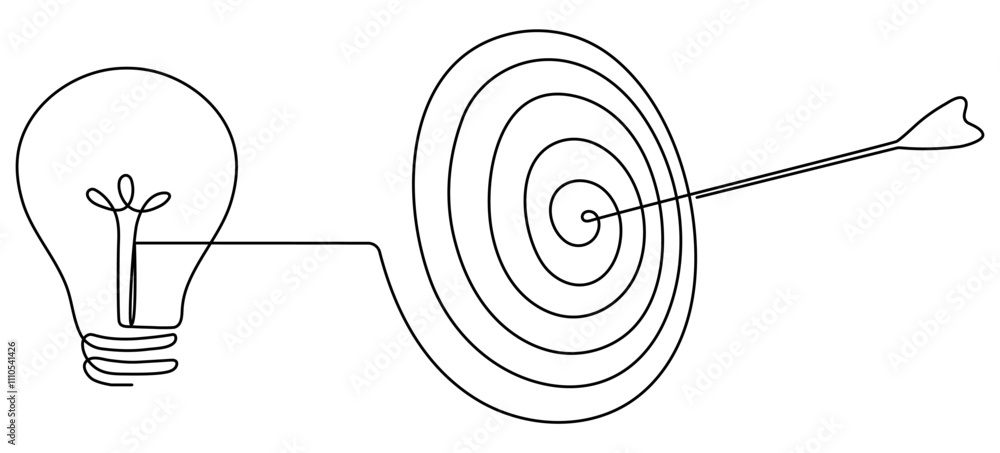 Poster lightbulb with target and arrow continuous one line drawing. startup idea concept. vector illustrati