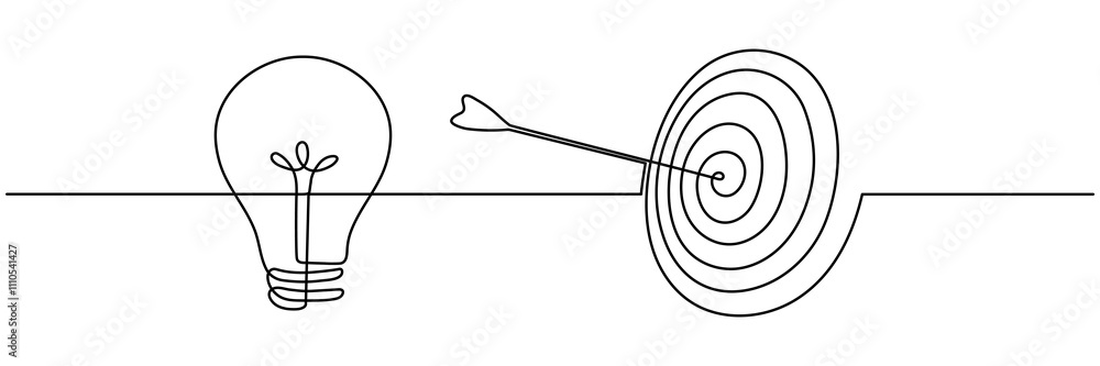 Poster lightbulb with target and arrow continuous one line drawing. startup idea concept. vector illustrati