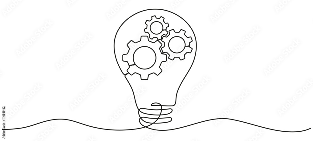 Poster lightbulb with cogwheel inside continuous line art drawing. creative idea process. innovation symbol