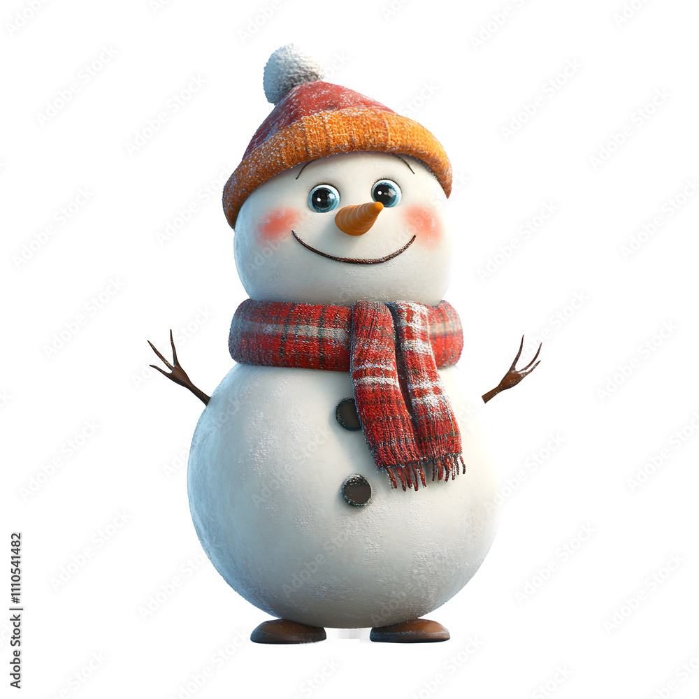 Poster cheerful snowman with hat and scarf in 3d rendering, ideal for winter and holiday themed projects, i