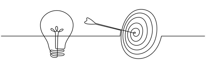Lightbulb with target and arrow continuous one line drawing. Startup idea concept. Vector illustration isolated on white.