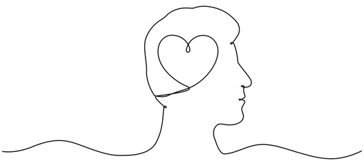 Male head with heart shape inside continuous line drawn. Mental health symbol. Falling in love concept. Vector illustration isolated on white.