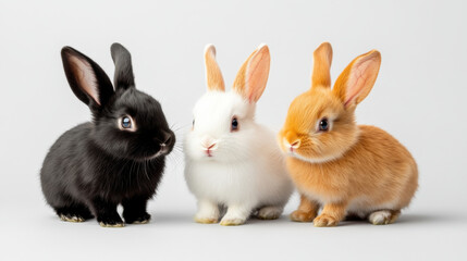Fototapeta premium Diversity and unity, Three adorable baby rabbits in straight row, featuring black, white, and orange rabbit. Their playful expressions and fluffy fur create charming scene