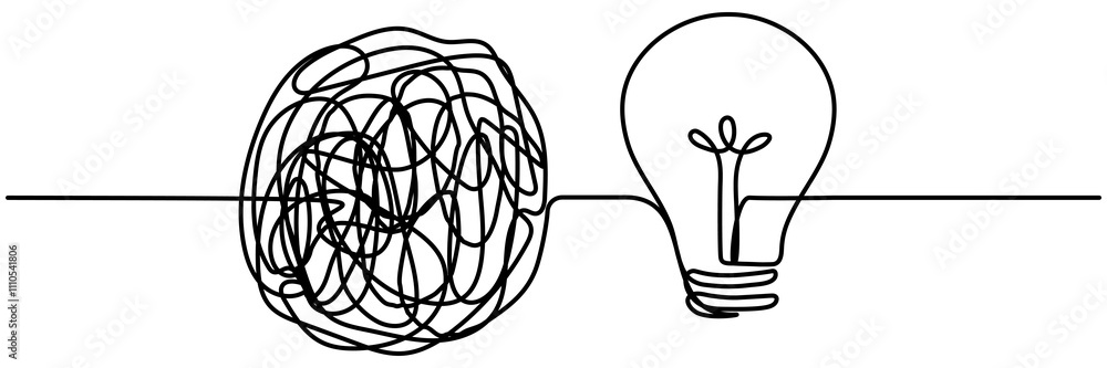 Poster chaotic lines with lightbulb continuous line drawing. creative idea process. mental health concept. 