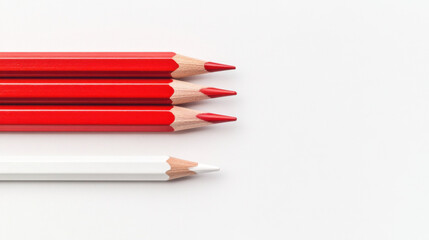 Fototapeta premium Diversity and unity, Red and white colored pencils arranged neatly on white background, showcasing vibrant colors and sharp tips, perfect for artistic projects