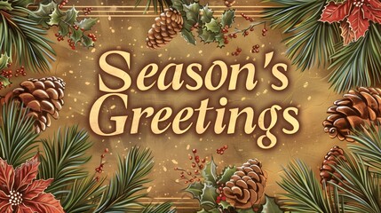 A rustic-themed Christmas card featuring the text 'Season's Greetings' in earthy tones, decorated with pine cones, evergreen branches, and warm, cozy colors.