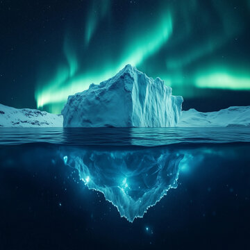 A majestic iceberg floating in the ocean with north light Arora