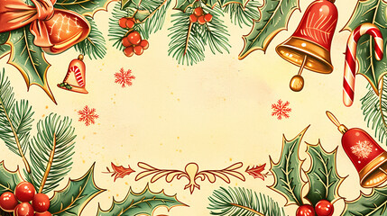 A vintage-inspired Christmas card in classic typeface, surrounded by retro illustrations of bells, candy canes, and holly on a cream-colored background.