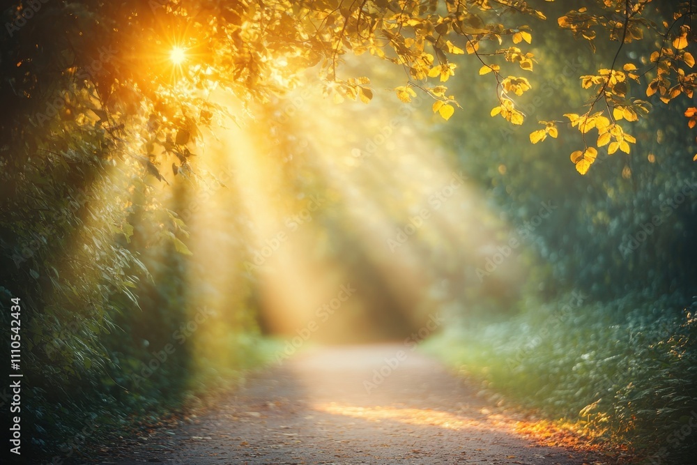 Aufkleber glowing sunlight filtering through trees on a serene path during early morning hours
