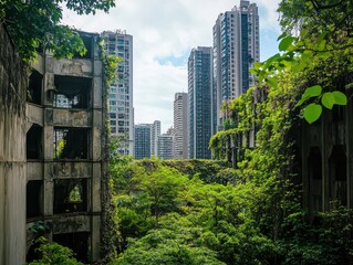 Fototapeta premium Human vs Nature Concept. An overgrown urban landscape where nature reclaims abandoned buildings amidst modern skyscrapers, showcasing a contrast between decay and greenery.