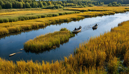Navigation paisible sur une rivi&egrave;re entour&eacute;e de nature