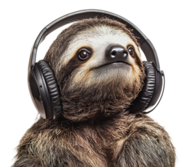Sloth enjoying music with headphones on, cut out - stock png.