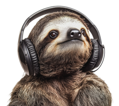 Sloth enjoying music with headphones on, cut out - stock png.