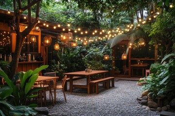 Obraz premium Cozy tropical garden restaurant illuminating with string lights at dusk