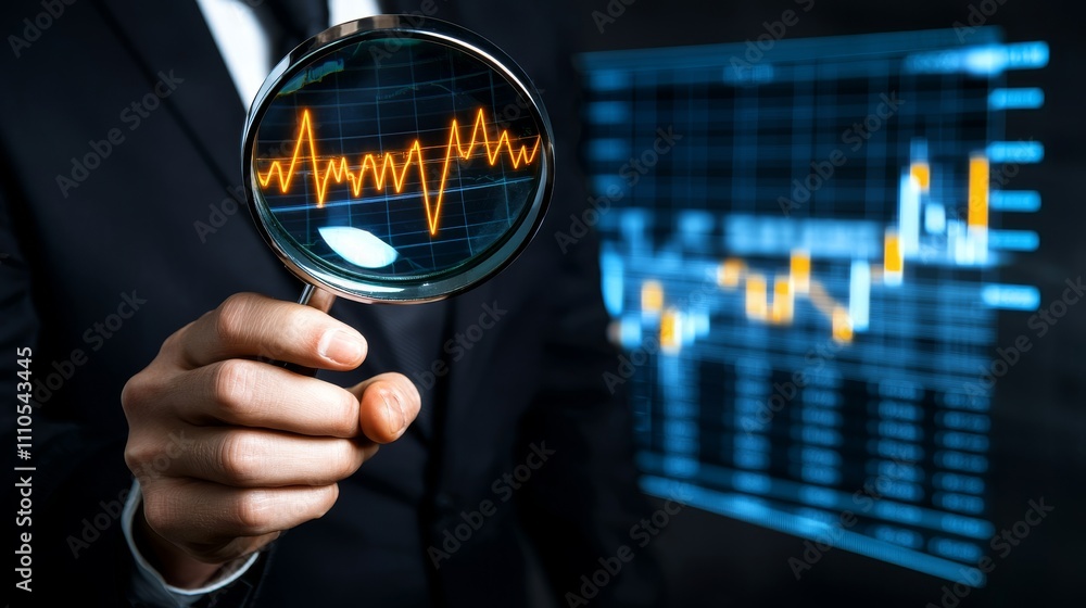 Aufkleber analyzing market trends with a magnifying glass business data visualization professional environment