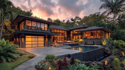 Luxurious modern home with illuminated swimming pool at sunset in tropical setting