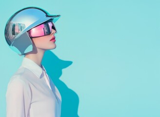 A woman in an all-white suit and pink lipstick, wearing a futuristic chrome helmet that covers her entire head.