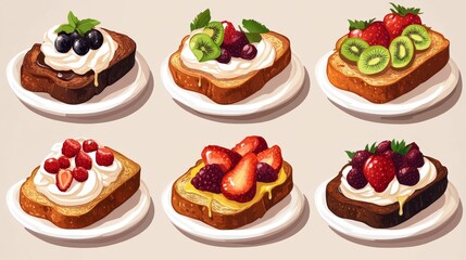 cartoon dessert menu, gourmet toast collection, thick bread slices, whipped cream dollops, seasonal fruits, dripping toppings, multiple flavors, clean white plates, coffee shop style, vector