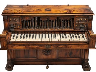 Antique wooden harmonium with visible pipes and keyboard.