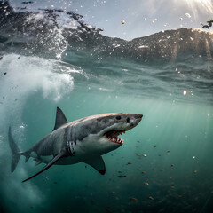 Fototapeta premium A majestic great white shark gliding through crystal-clear waters, its powerful silhouette highlighted against a sunlit ocean floor, with copy space and a serene blurred background
