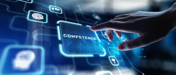 Competence Developing Skills and Expertise, projection on a virtual screen, Business and Technology...