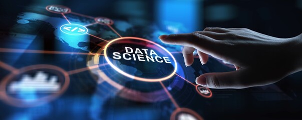 Data Science Analyzing and Interpreting Complex Data, projection on a virtual screen, Business and Technology Concept.