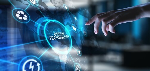 Green Technology Advancing Sustainable and Eco-Friendly Innovations, projection on a virtual screen, Business and Technology Concept.