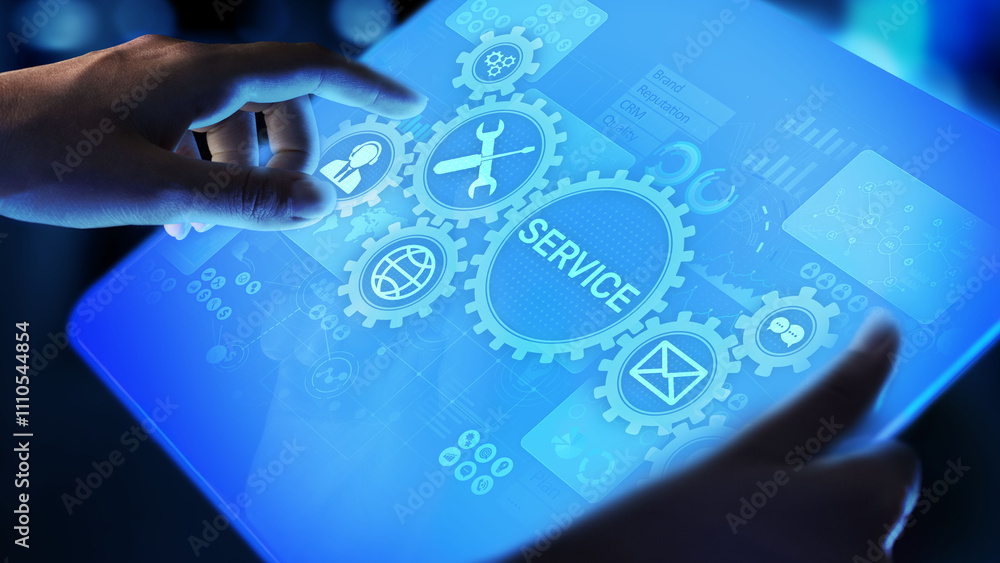 Poster service support customer help call center business technology button on virtual screen.