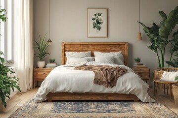 Modern bedroom interior design with wooden furniture and plants creating a cozy atmosphere