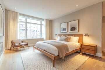 Fototapeta premium Modern minimalist bedroom with natural light enhancing cozy ambiance