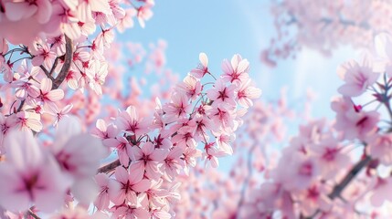 Obraz premium A close-up of a blooming cherry blossom tree in spring, with delicate pink flowers against a clear blue sky