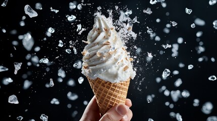 elegant soft ice cream spiral, crispy wafer cone, hand grasp, crystalline ice particles, ethereal atmosphere, floating frozen shards, minimalist composition, studio lighting, food photography