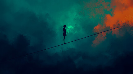 Individual balancing on a tightrope, symbolizing the delicate nature of mental health and well-being