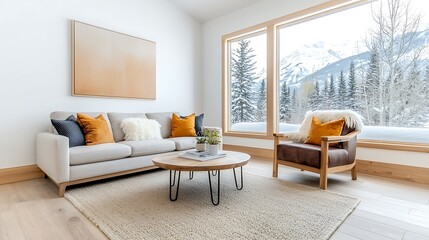 The modern luxury living room interior design in minimalistic Scandinavian style features clean lines, natural materials such as wood and leather, neutral color palette with pops of muted colors