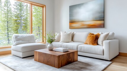 Fototapeta premium The modern luxury living room interior design in minimalistic Scandinavian style features clean lines, natural materials such as wood and leather, neutral color palette with pops of muted colors