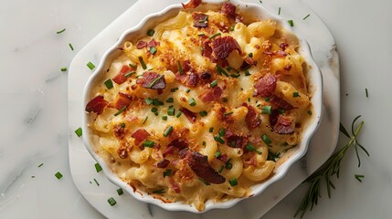 A comfort food classic, elevated to new heights, showcasing gourmet mac and cheese, loaded with crispy bacon and a blend of artisanal cheeses, artfully arranged on a white top view 